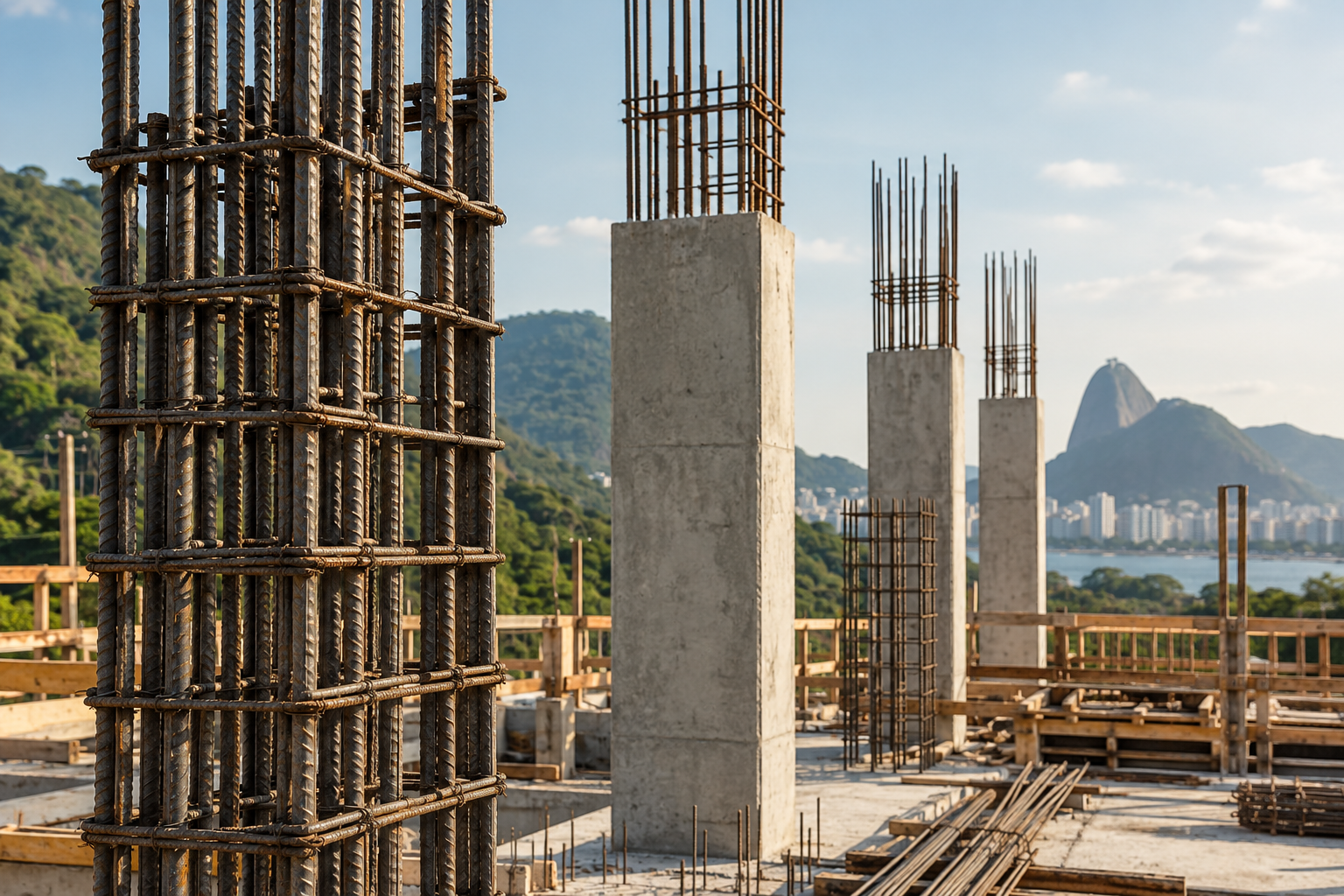 Cena ilustrativa de construção civil com armação de aço